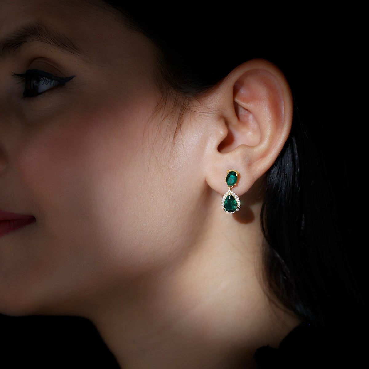 Lab Created Emerald Earrings – Classic Dangle Pear & Oval Halo Moissanite Design
