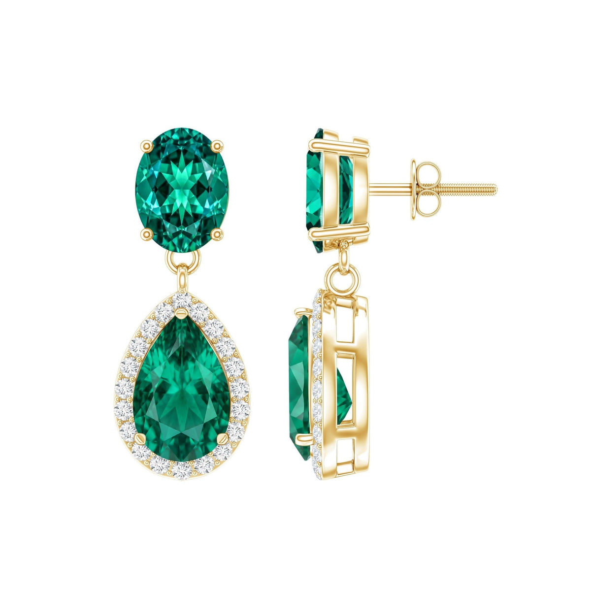 Lab Created Emerald Earrings – Classic Dangle Pear & Oval Halo Moissanite Design