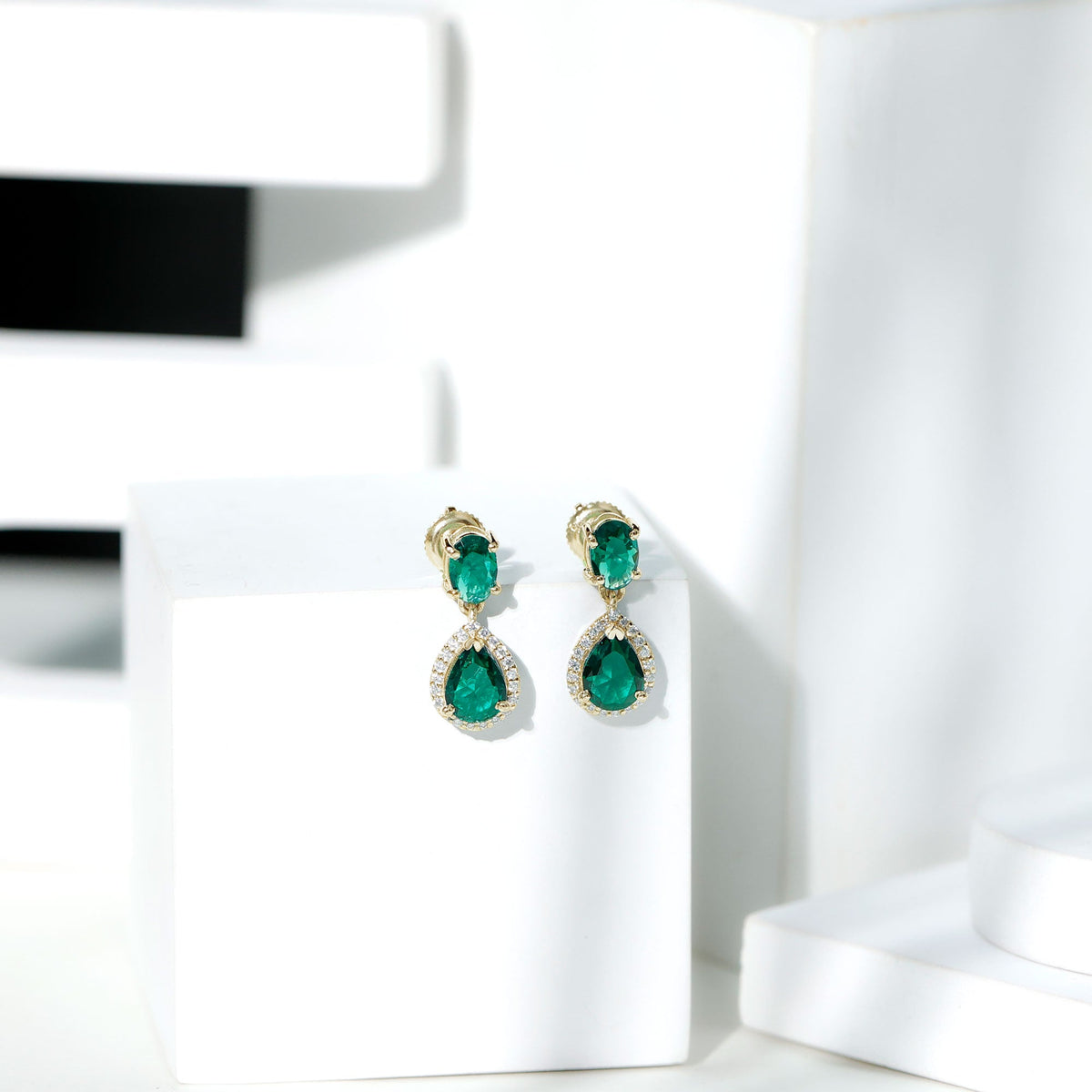 Lab Created Emerald Earrings – Classic Dangle Pear & Oval Halo Moissanite Design