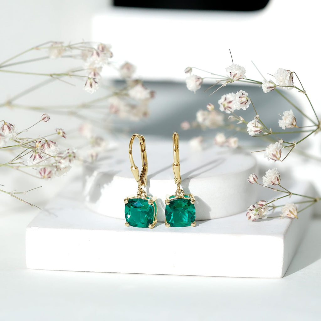Lab Created Emerald Earrings – Cushion Cut Dangle Hoops With 4 Prong Setting