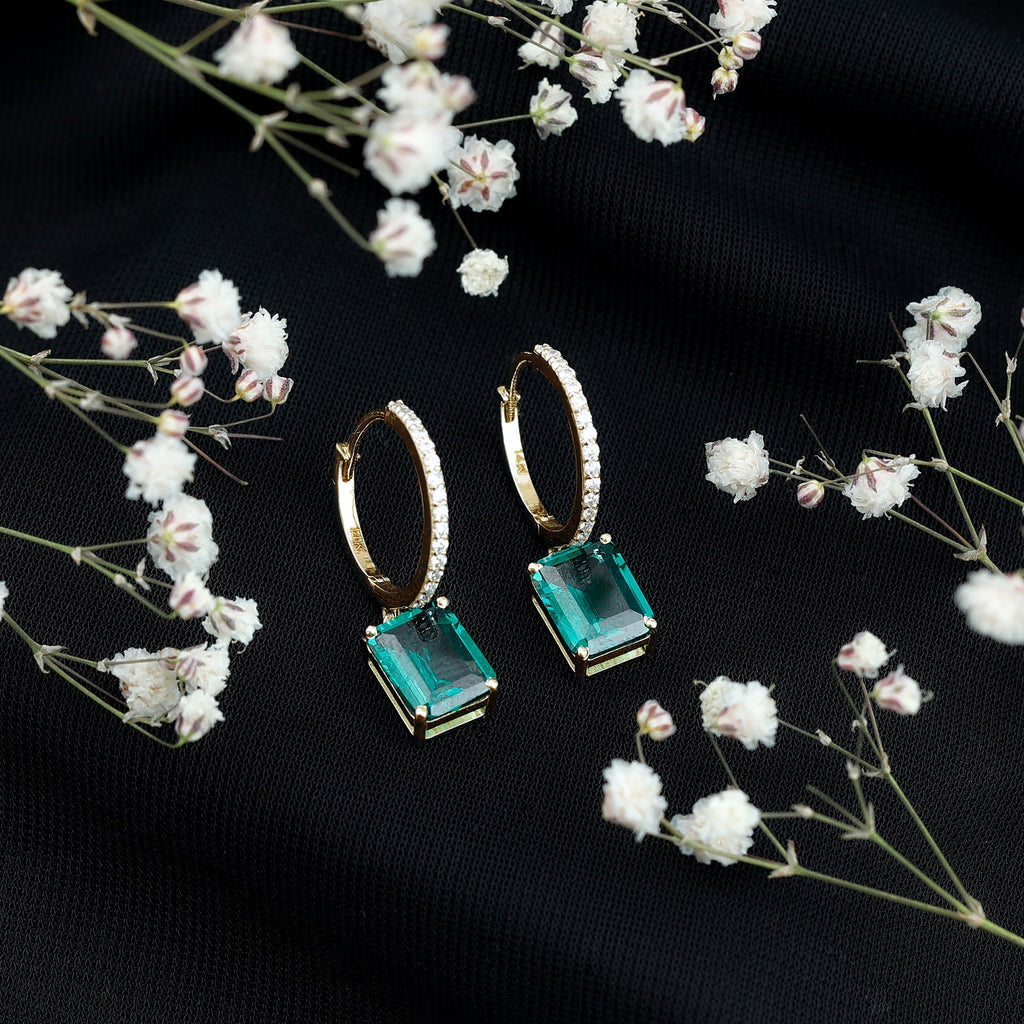 Lab Created Emerald Earrings – Elegant Emerald Hoop Drop Earrings With Moissanite