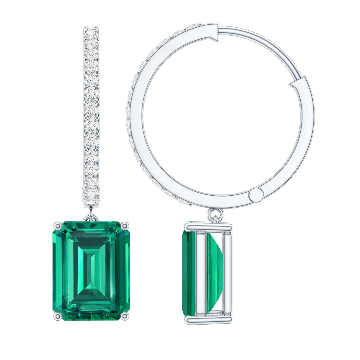 Lab Created Emerald Earrings – Elegant Emerald Hoop Drop Earrings With Moissanite
