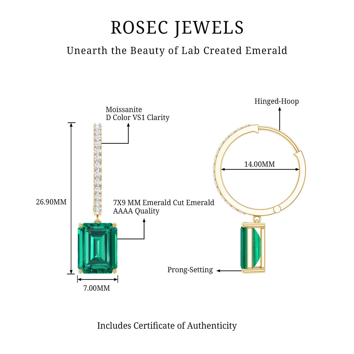 Lab Created Emerald Earrings – Elegant Emerald Hoop Drop Earrings With Moissanite