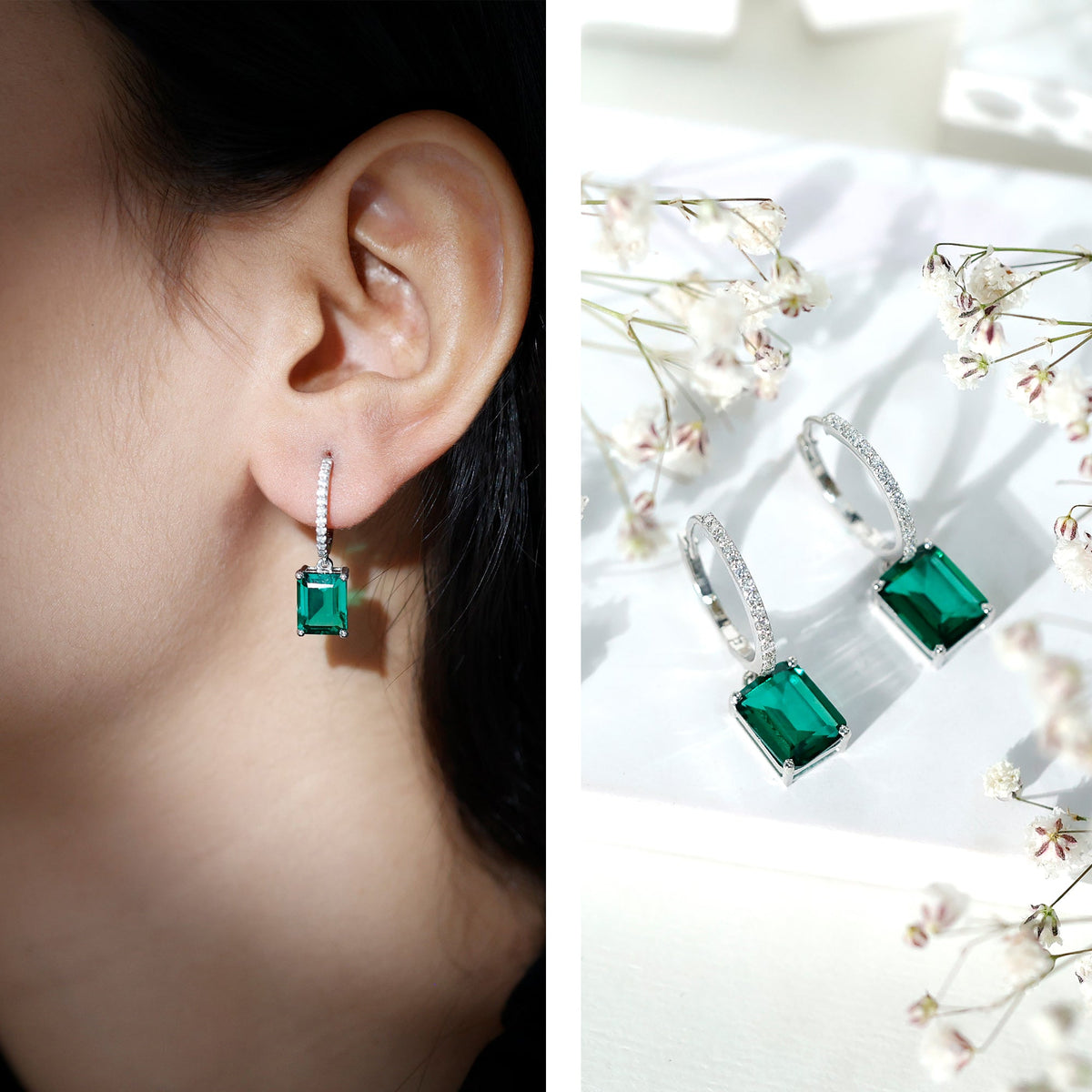 Lab Created Emerald Earrings – Elegant Emerald Hoop Drop Earrings With Moissanite