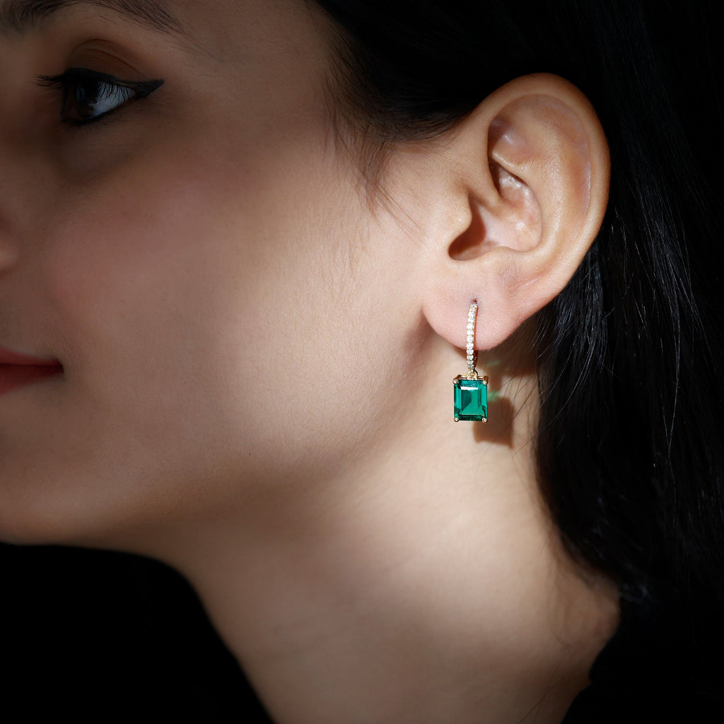 Lab Created Emerald Earrings – Elegant Emerald Hoop Drop Earrings With Moissanite