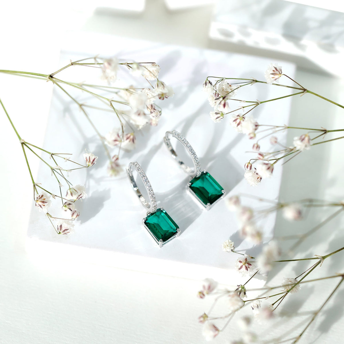Lab Created Emerald Earrings – Elegant Emerald Hoop Drop Earrings With Moissanite