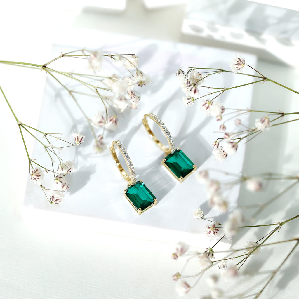 Lab Created Emerald Earrings – Elegant Emerald Hoop Drop Earrings With Moissanite