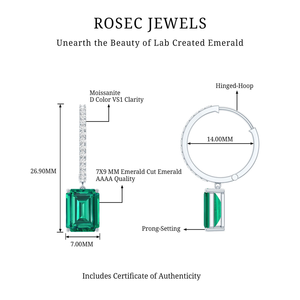 Lab Created Emerald Earrings – Elegant Emerald Hoop Drop Earrings With Moissanite