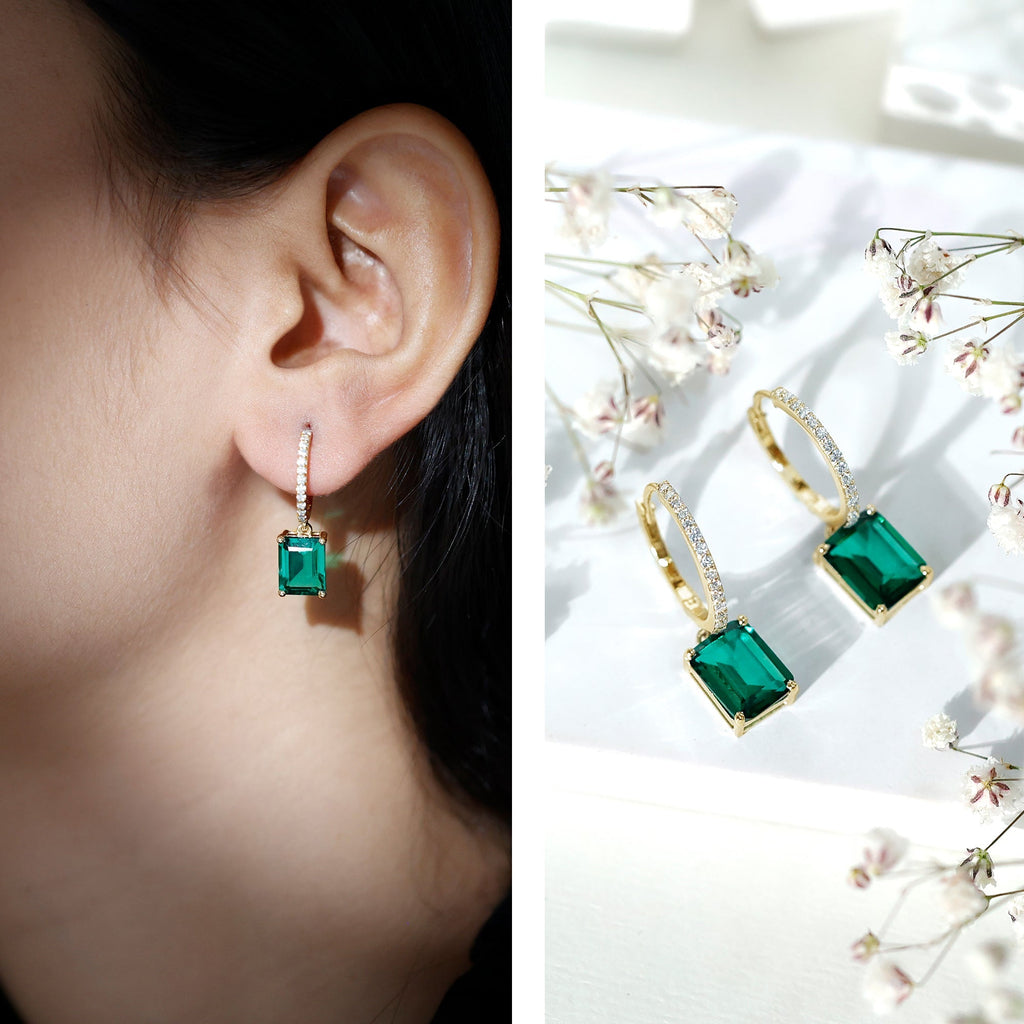 Lab Created Emerald Earrings – Elegant Emerald Hoop Drop Earrings With Moissanite