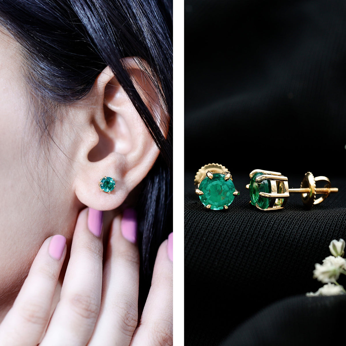 Lab Created Emerald Earrings – Solitaire Claw Set Screw Back Studs, AAAA Quality