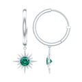 Lab Created Emerald Earrings – Sunburst Hoop Design With 0.5 Carat Round Cut Stone