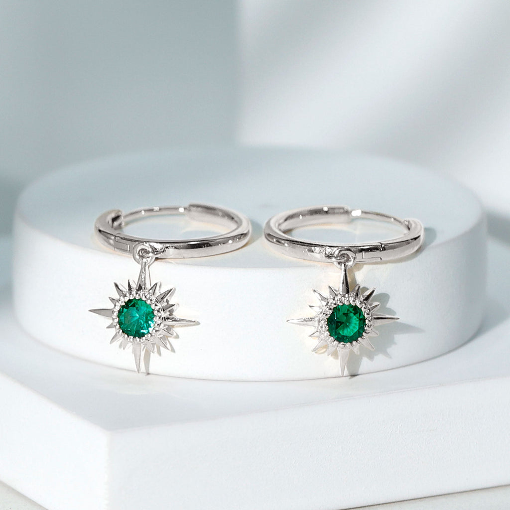 Lab Created Emerald Earrings – Sunburst Hoop Design With 0.5 Carat Round Cut Stone