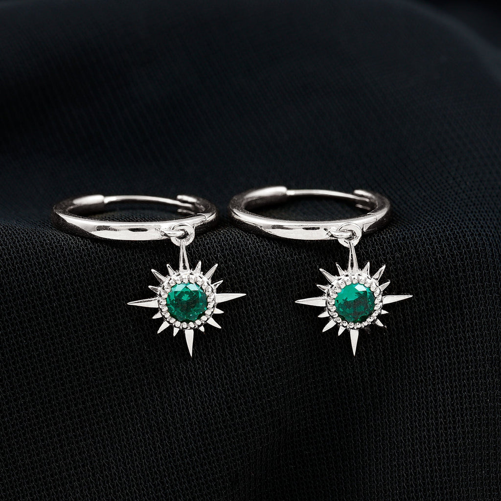 Lab Created Emerald Earrings – Sunburst Hoop Design With 0.5 Carat Round Cut Stone