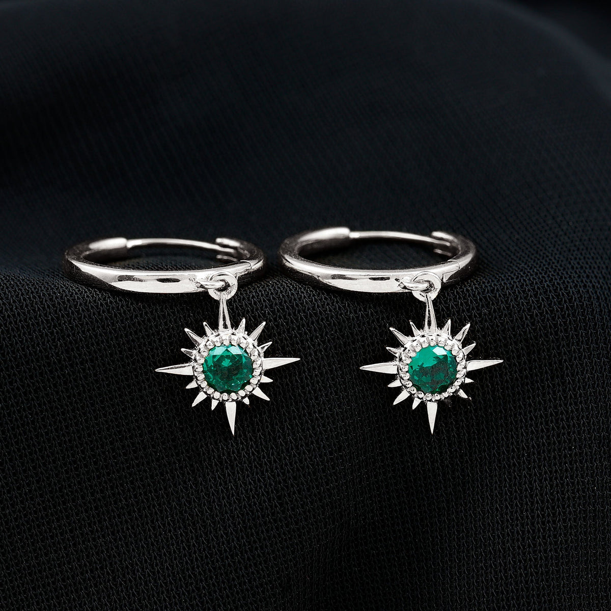 Lab Created Emerald Earrings – Sunburst Hoop Design With 0.5 Carat Round Cut Stone