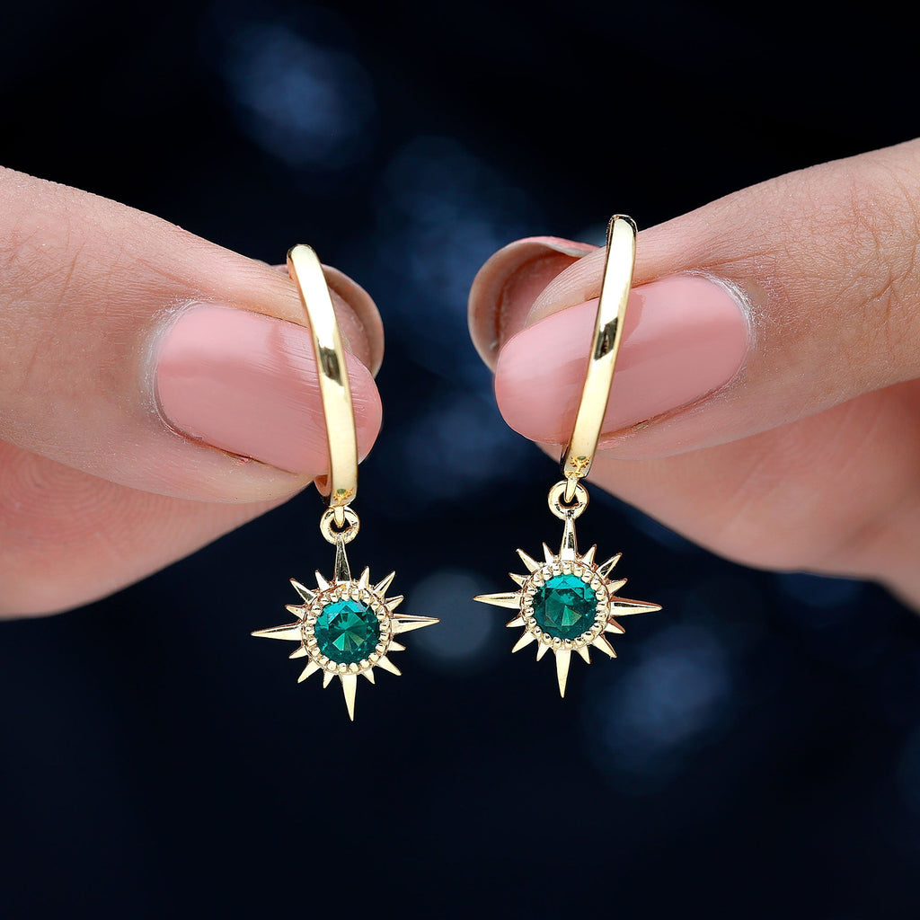 Lab Created Emerald Earrings – Sunburst Hoop Design With 0.5 Carat Round Cut Stone