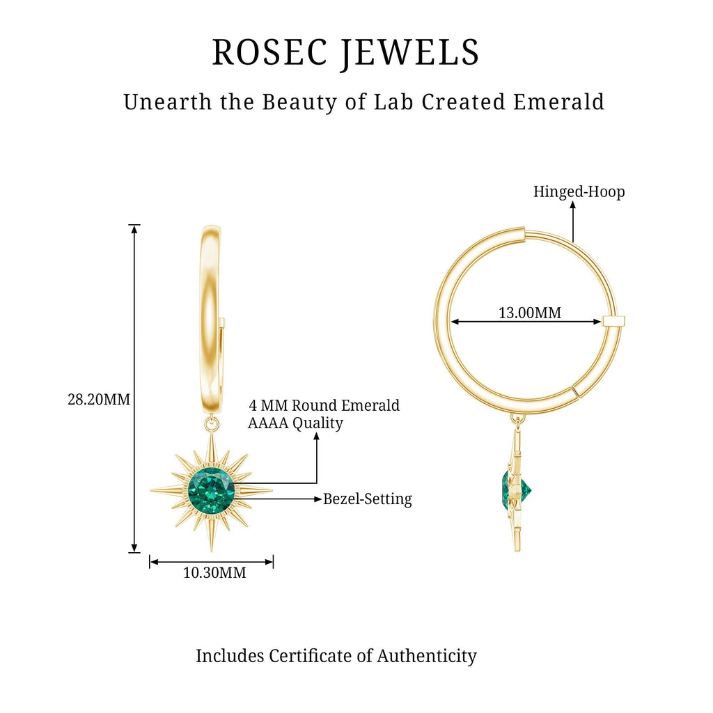 Lab Created Emerald Earrings – Sunburst Hoop Design With 0.5 Carat Round Cut Stone