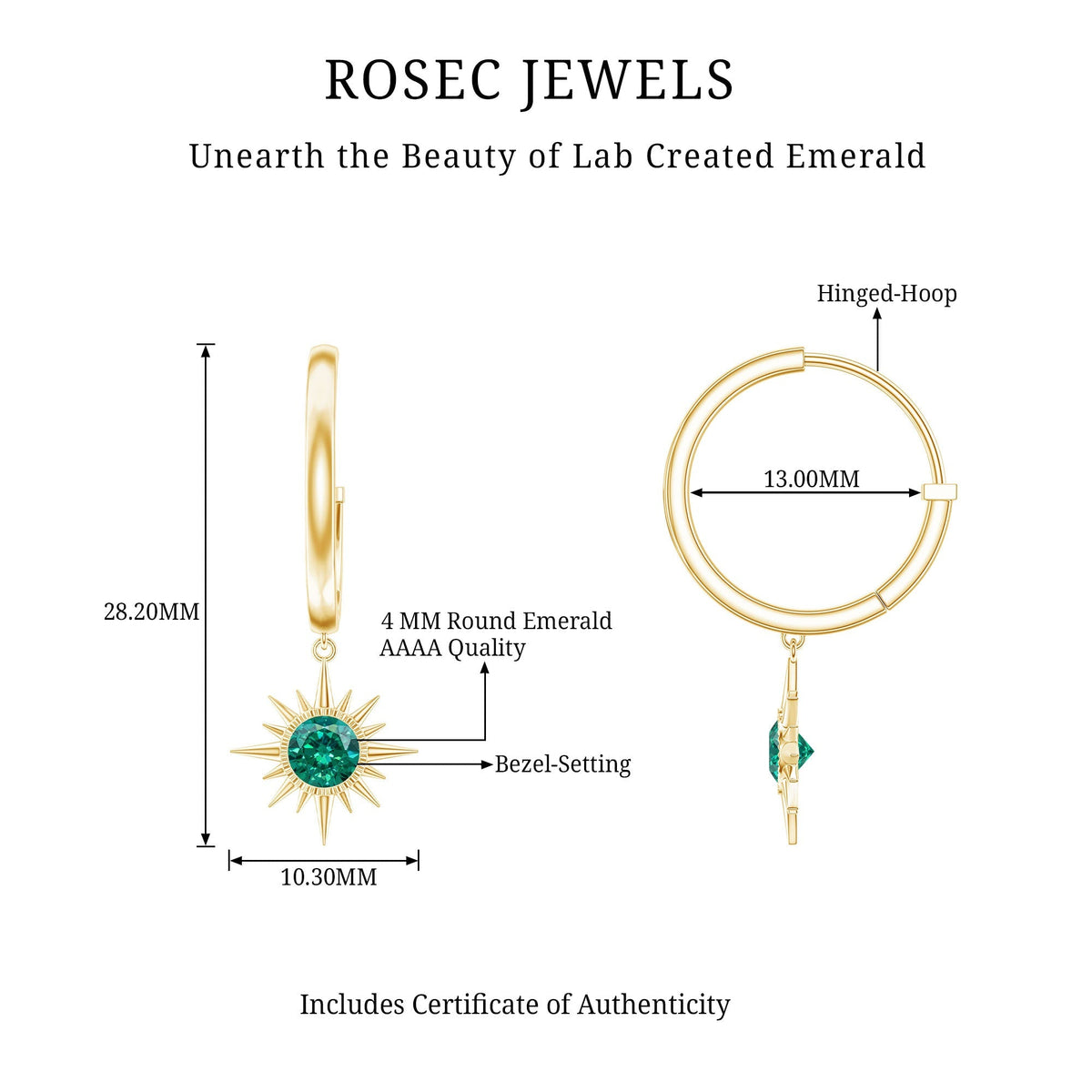 Lab Created Emerald Earrings – Sunburst Hoop Design With 0.5 Carat Round Cut Stone