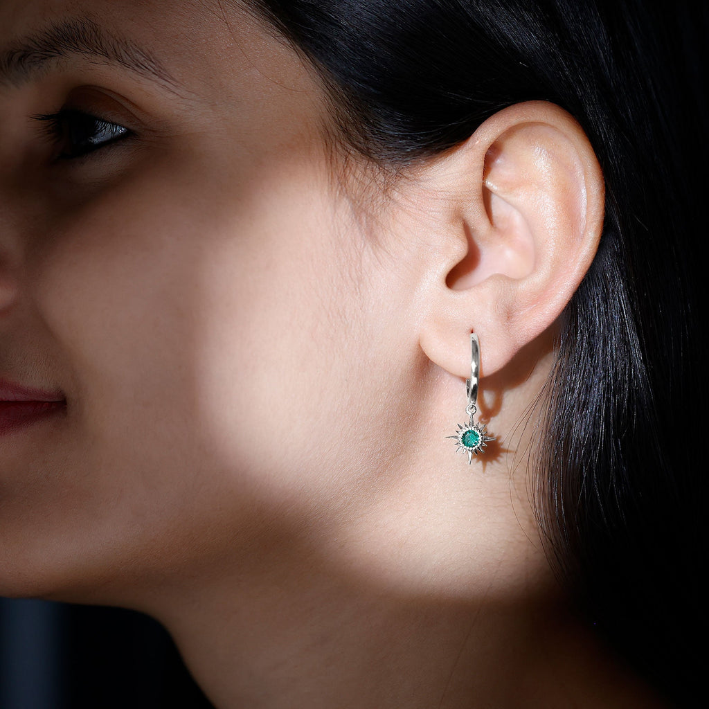 Lab Created Emerald Earrings – Sunburst Hoop Design With 0.5 Carat Round Cut Stone