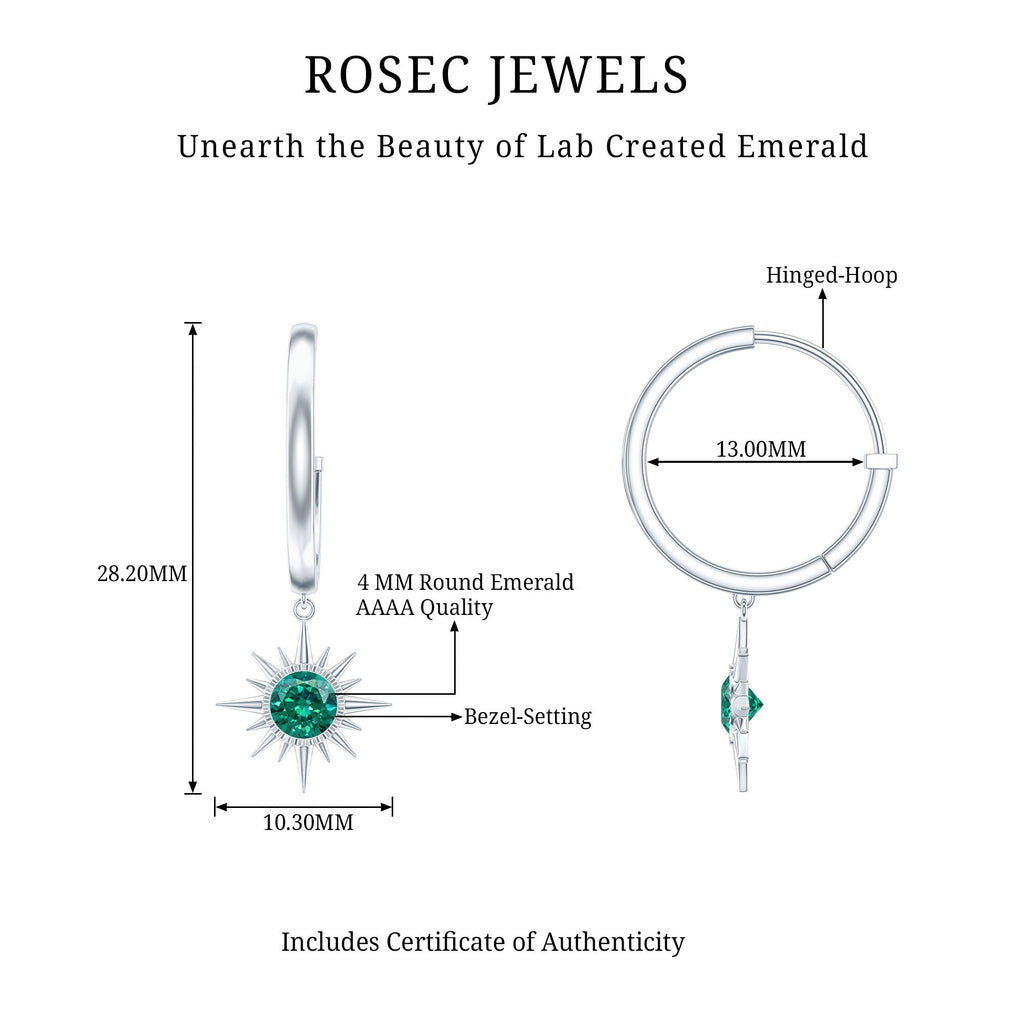Lab Created Emerald Earrings – Sunburst Hoop Design With 0.5 Carat Round Cut Stone