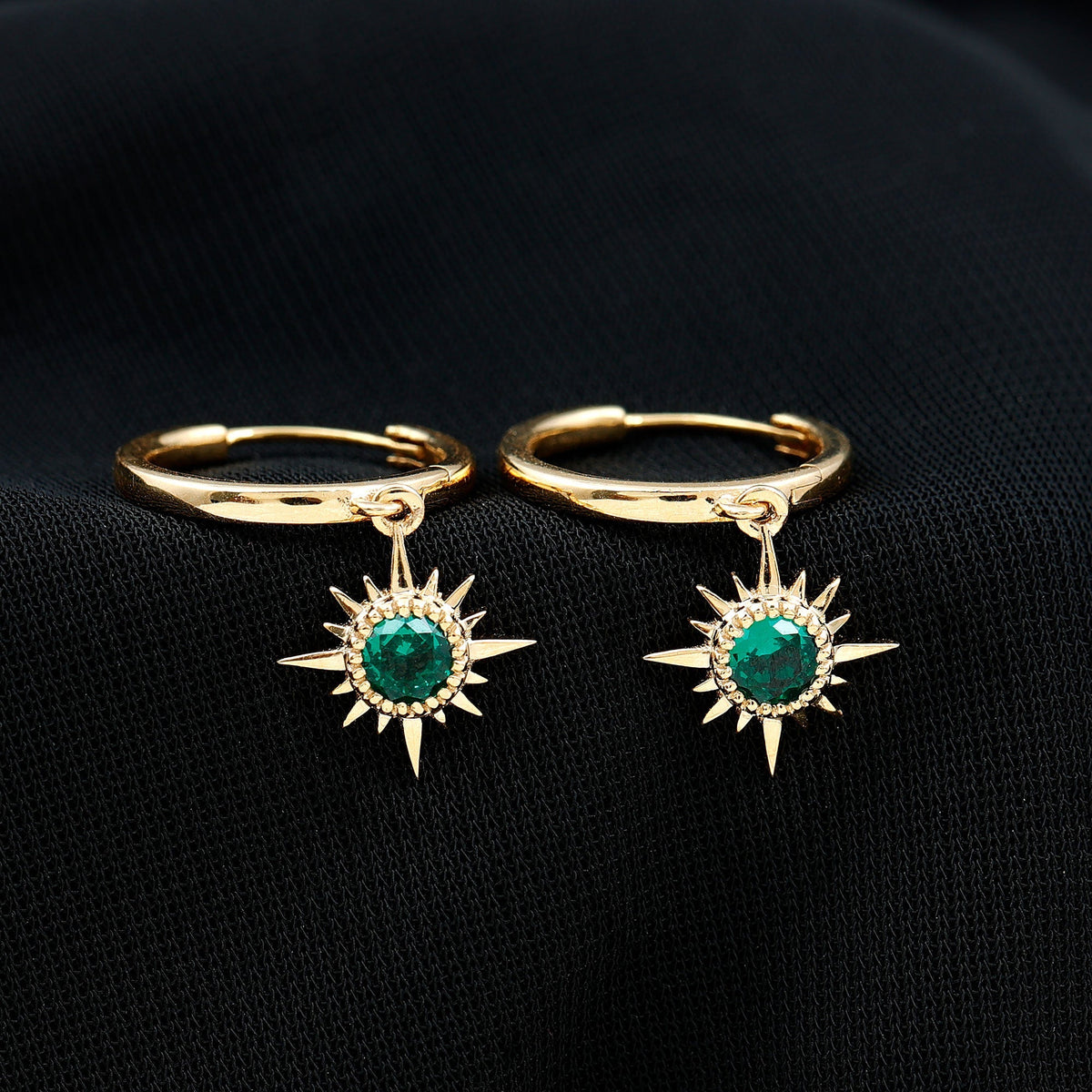 Lab Created Emerald Earrings – Sunburst Hoop Design With 0.5 Carat Round Cut Stone