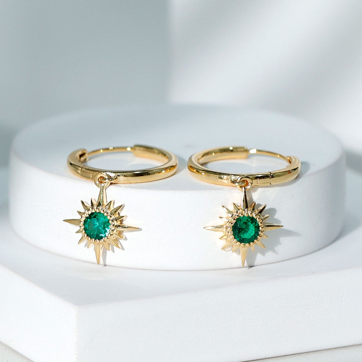 Lab Created Emerald Earrings – Sunburst Hoop Design With 0.5 Carat Round Cut Stone