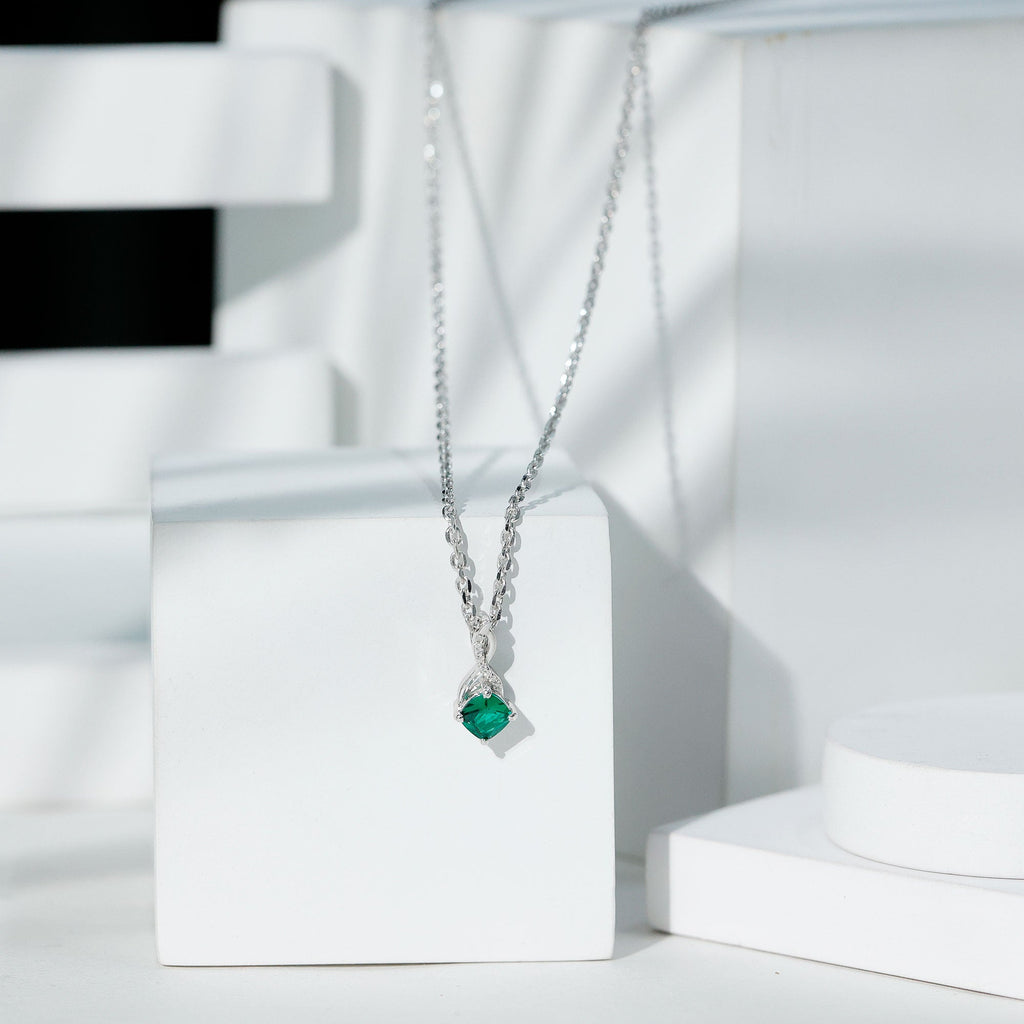Lab Created Emerald Necklace – 0.9 Ct Cushion Cut Infinity Pendant With Silver Chain