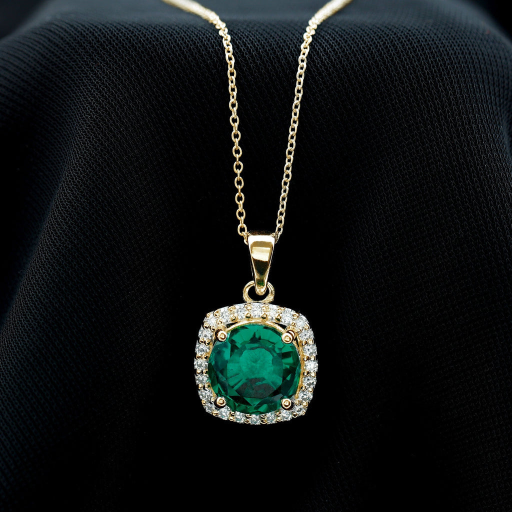 Lab Created Emerald Necklace – 3.5 Carat Round Cut Emerald & Diamond Halo Pendant