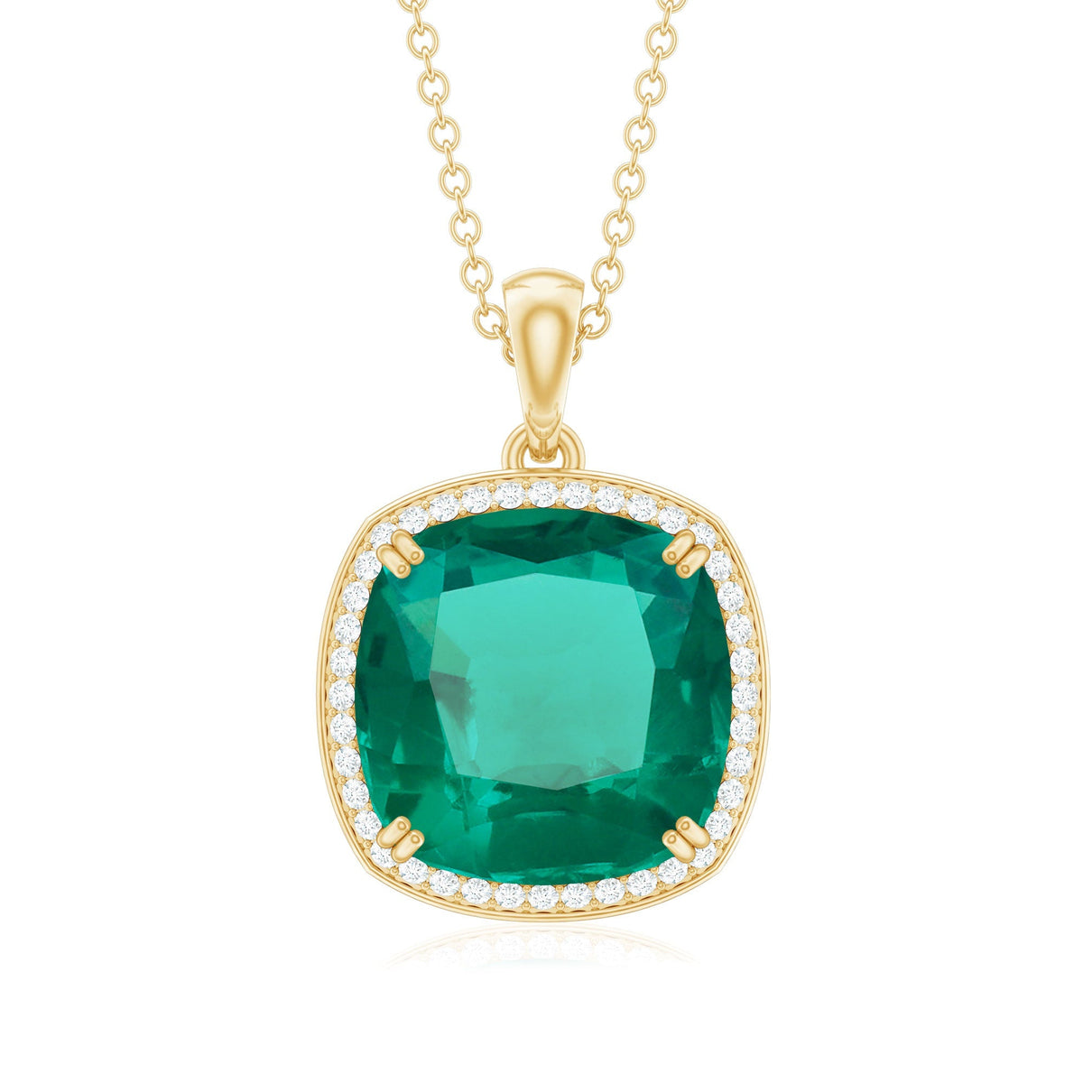 Lab Created Emerald Necklace – Cushion Cut Cocktail Pendant with Diamond Halo