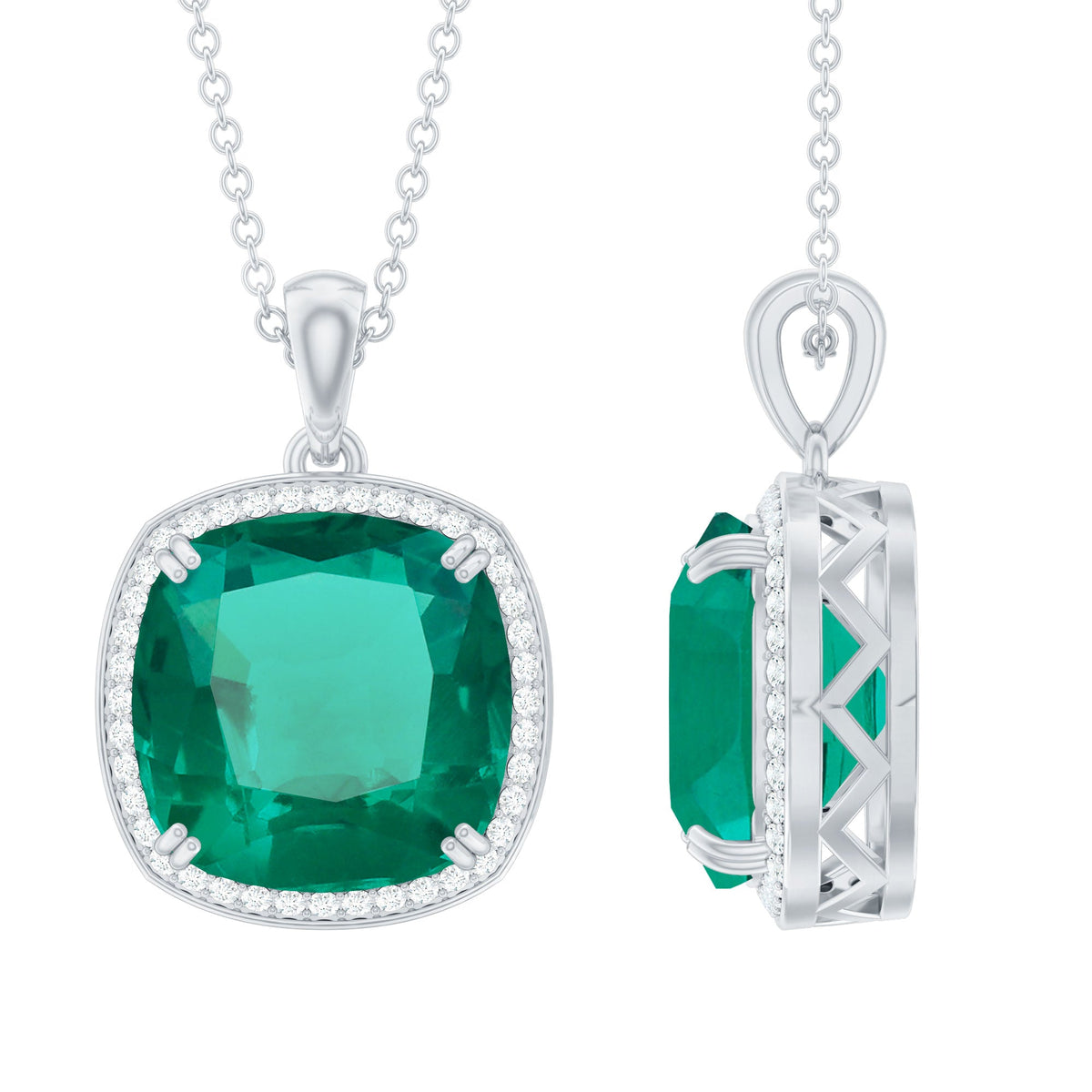 Lab Created Emerald Necklace – Cushion Cut Cocktail Pendant with Diamond Halo