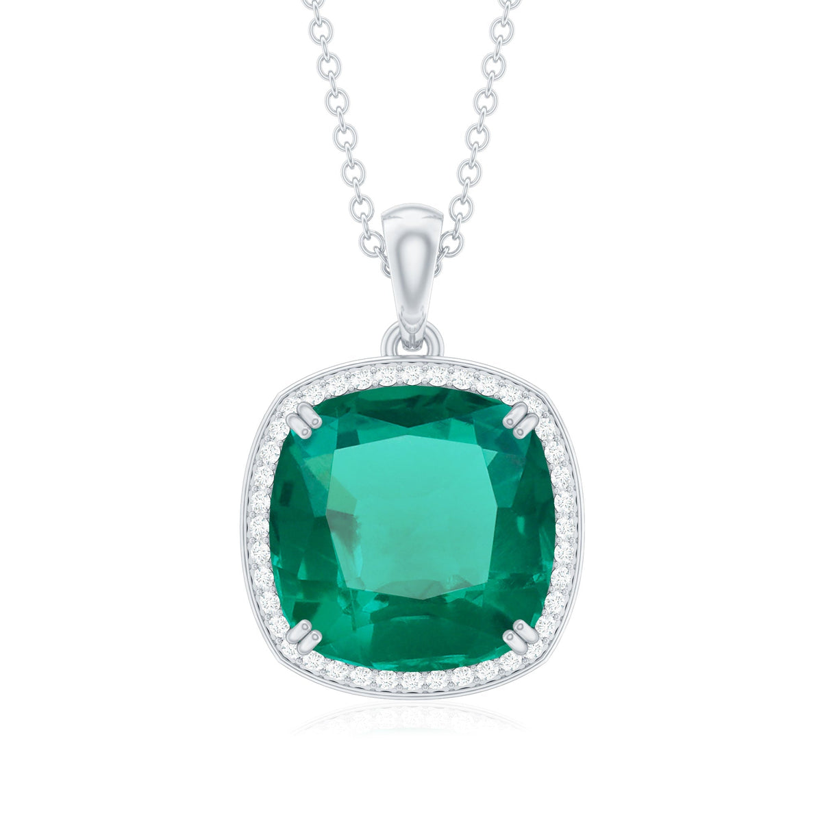 Lab Created Emerald Necklace – Cushion Cut Cocktail Pendant with Diamond Halo