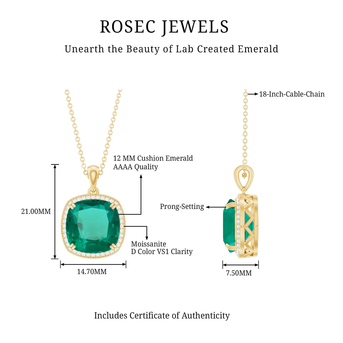 Lab Created Emerald Necklace – Cushion Cut Cocktail Pendant with Diamond Halo