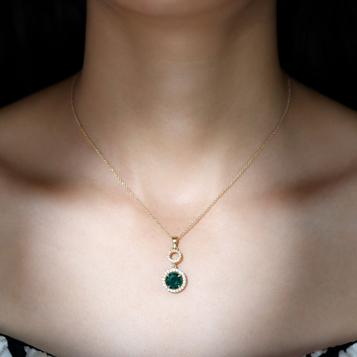 Lab Created Emerald Necklace - Elegant Emerald Pendant with Moissanite Halo