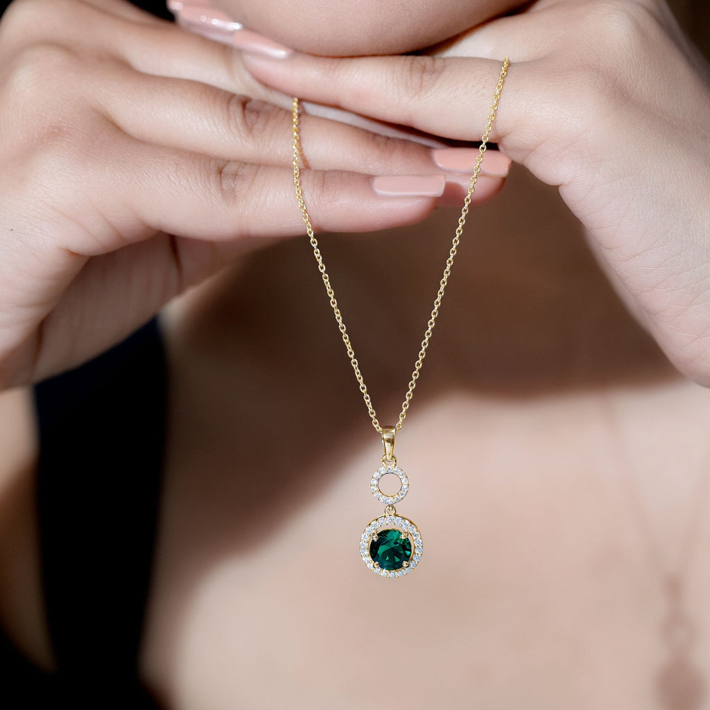 Lab Created Emerald Necklace - Elegant Emerald Pendant with Moissanite Halo