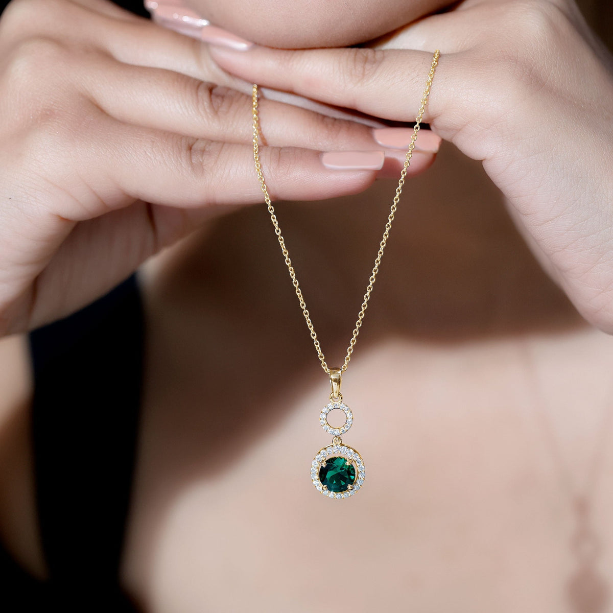 Lab Created Emerald Necklace - Elegant Emerald Pendant with Moissanite Halo