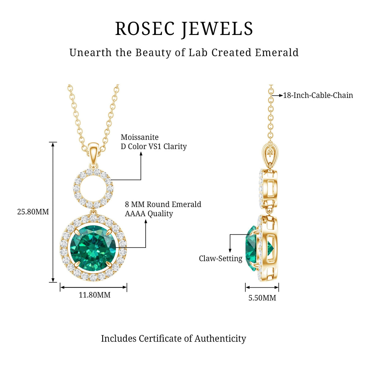 Lab Created Emerald Necklace - Elegant Emerald Pendant with Moissanite Halo