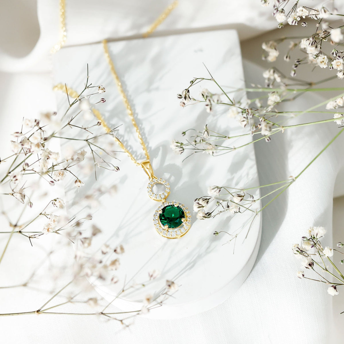 Lab Created Emerald Necklace - Elegant Emerald Pendant with Moissanite Halo