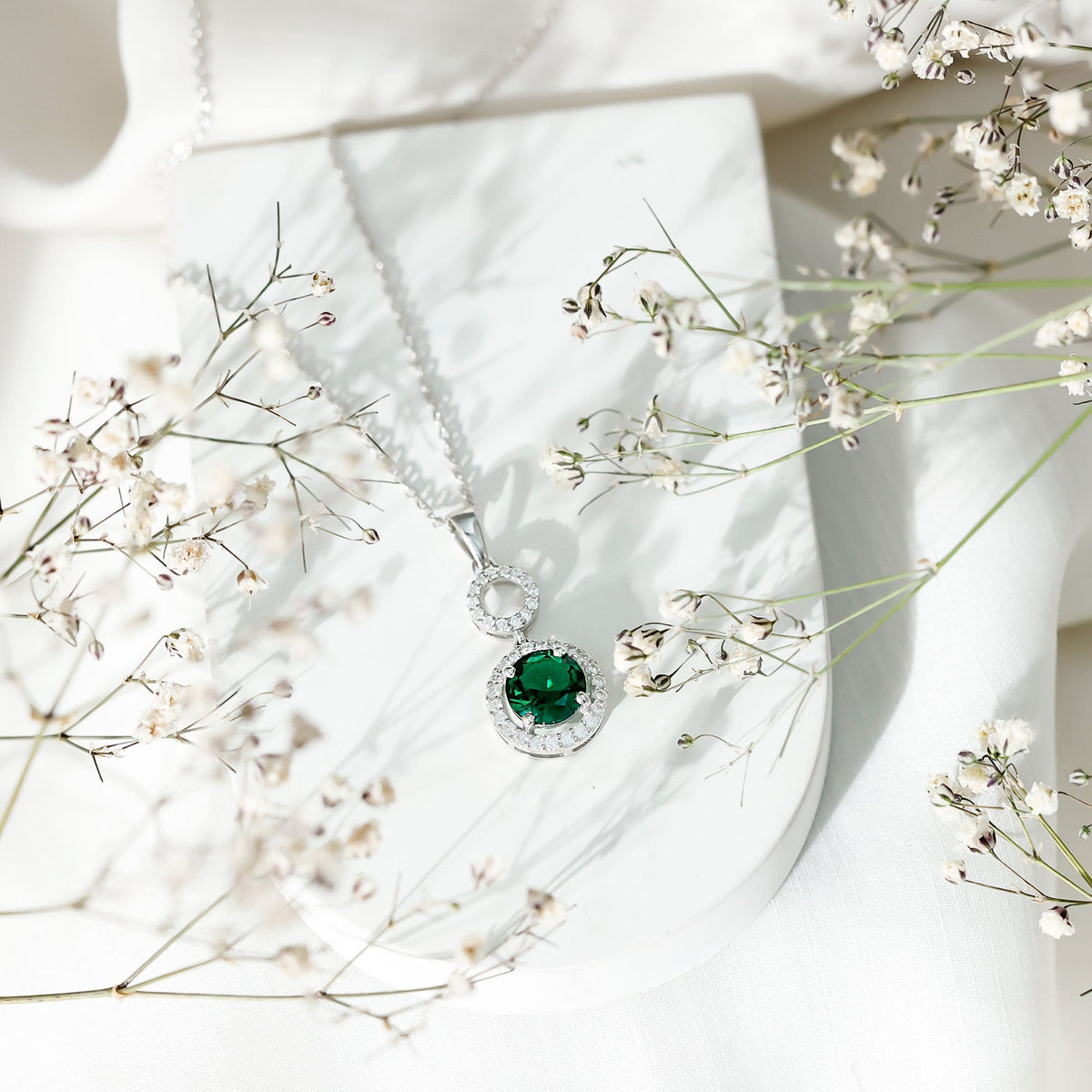 Lab Created Emerald Necklace - Elegant Emerald Pendant with Moissanite Halo