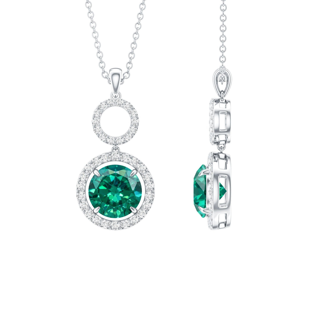 Lab Created Emerald Necklace - Elegant Emerald Pendant with Moissanite Halo