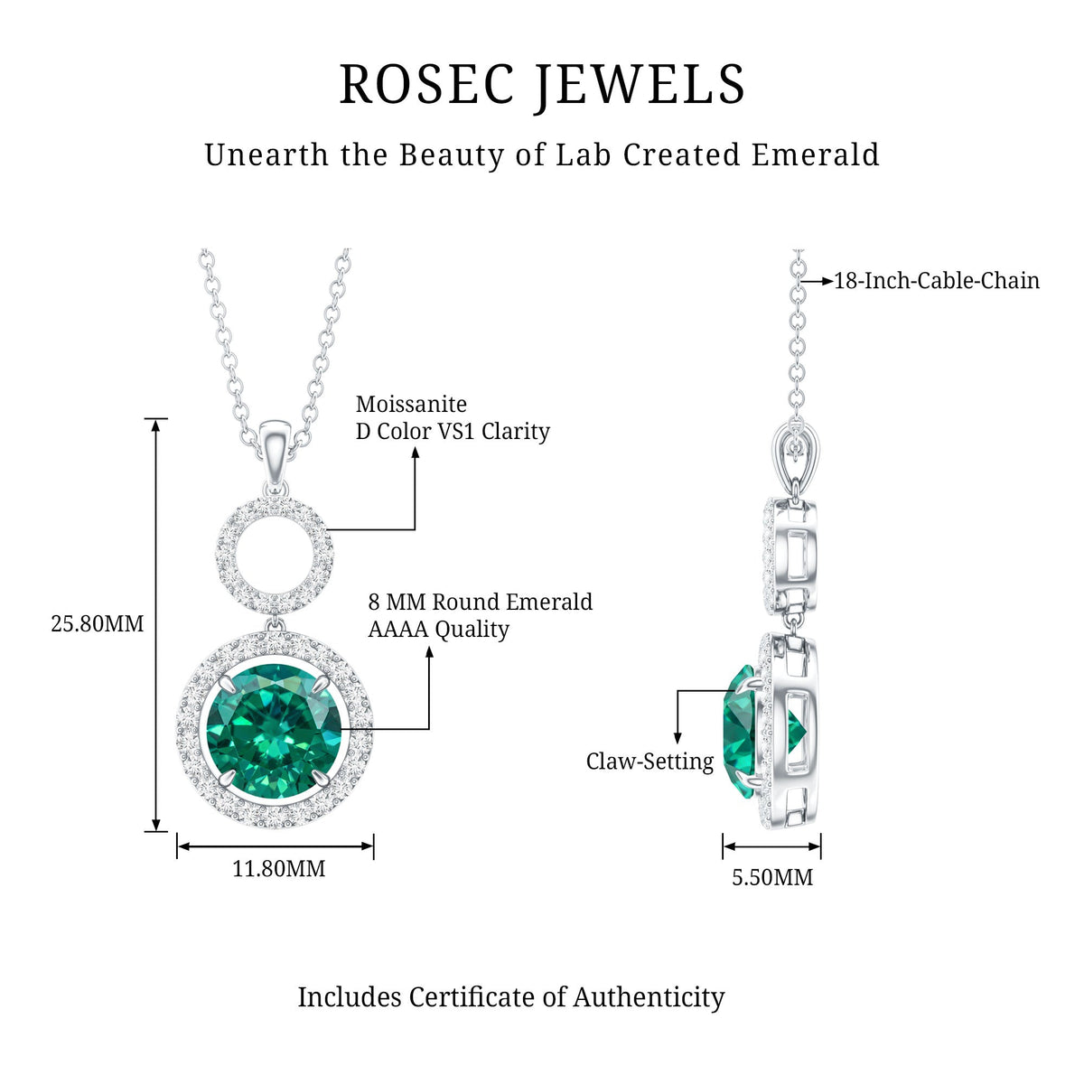 Lab Created Emerald Necklace - Elegant Emerald Pendant with Moissanite Halo