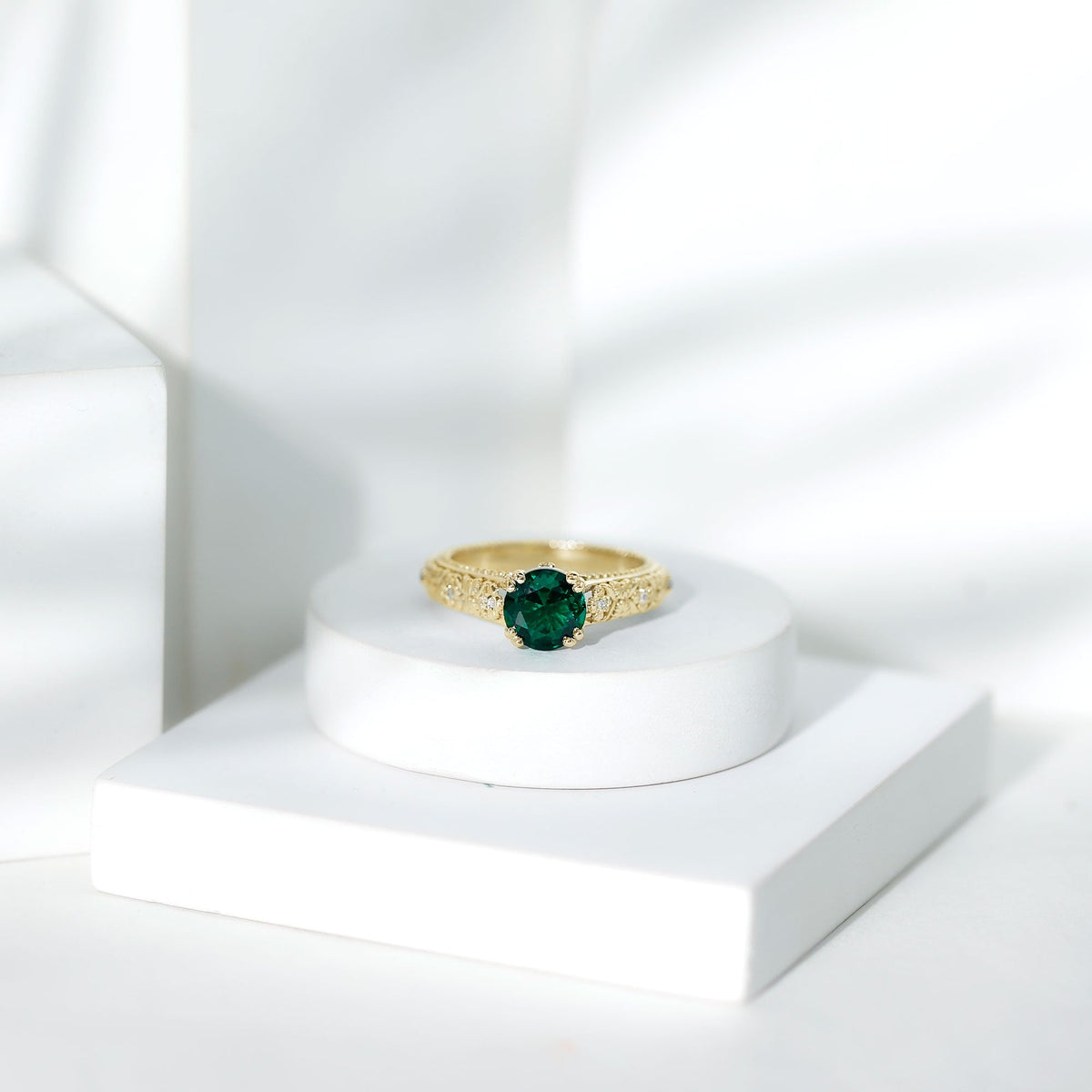 Lab Created Emerald Ring – 2 Carat Round Vintage Engagement With Diamond Accents