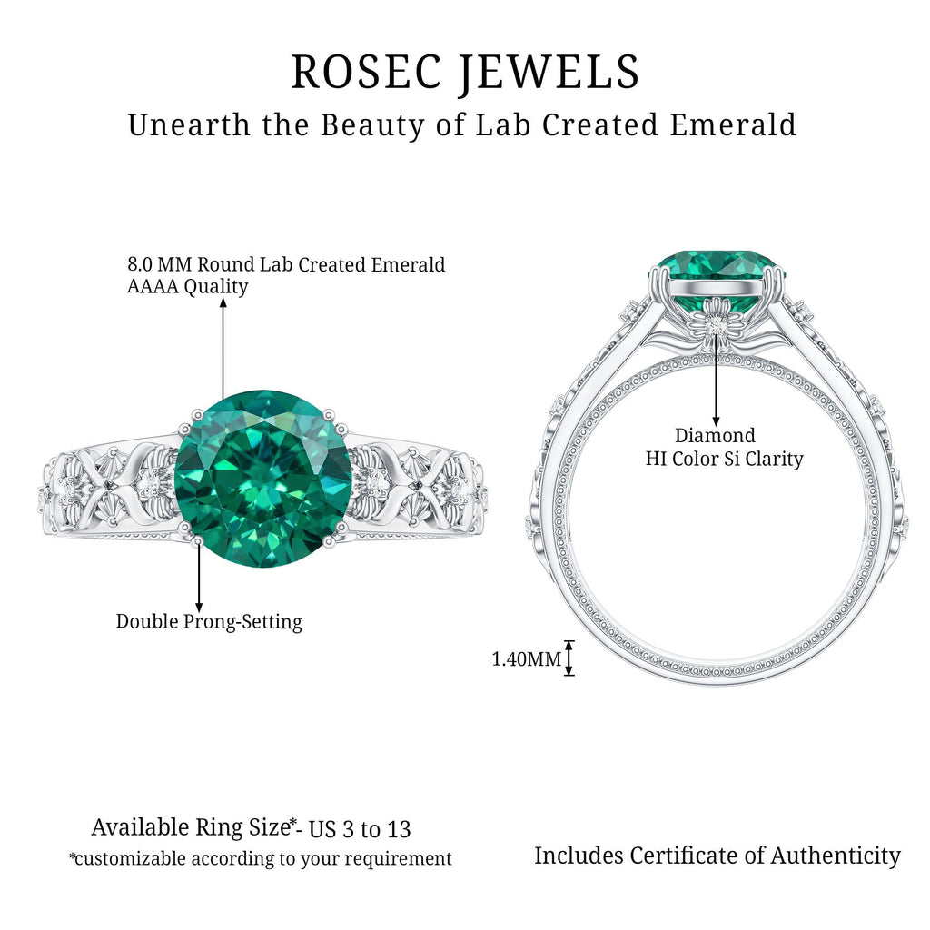 Lab Created Emerald Ring – 2 Carat Round Vintage Engagement With Diamond Accents