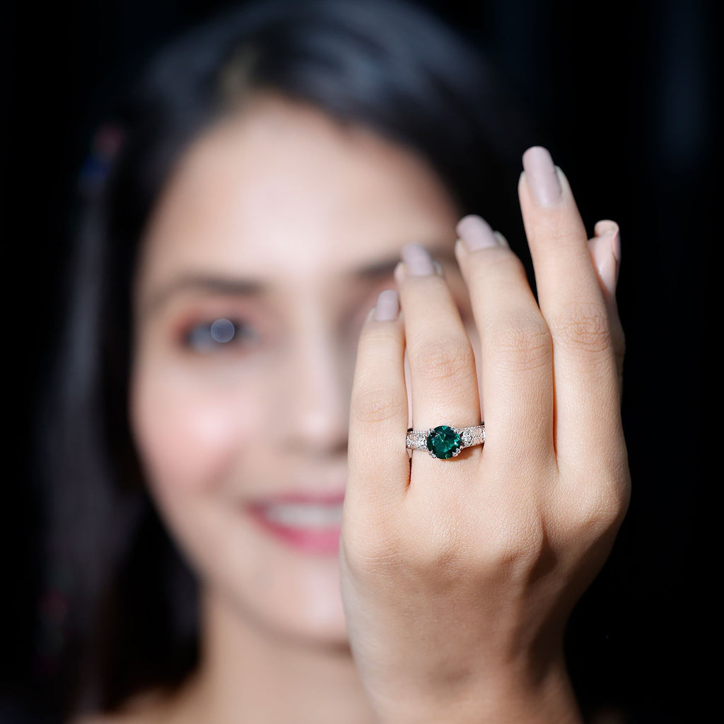 Lab Created Emerald Ring – 2 Carat Round Vintage Engagement With Diamond Accents