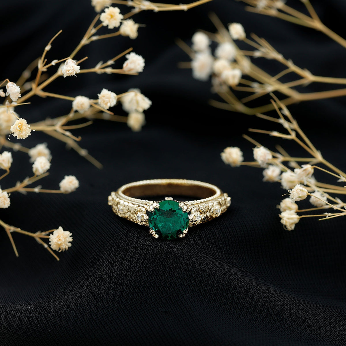 Lab Created Emerald Ring – 2 Carat Round Vintage Engagement With Diamond Accents
