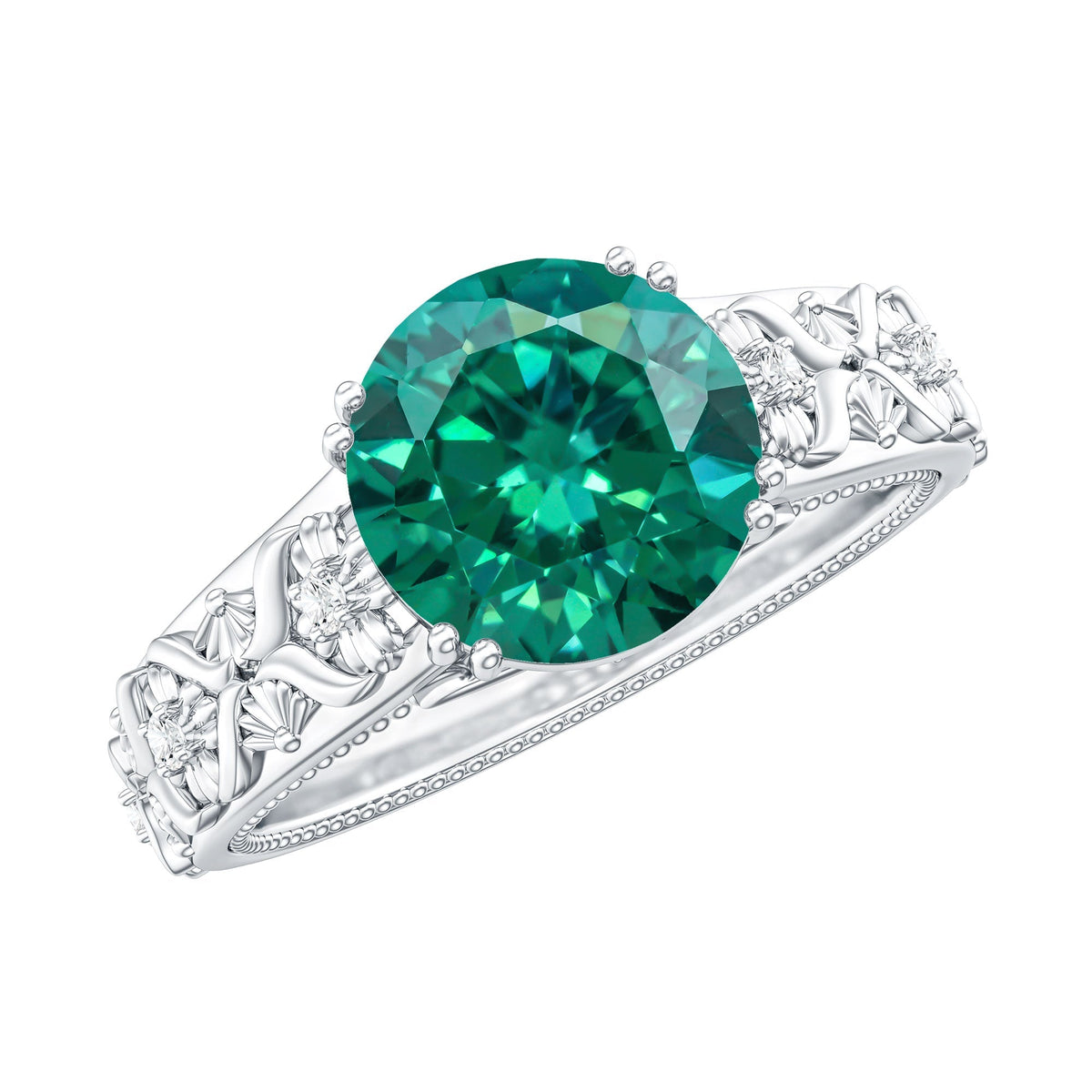 Lab Created Emerald Ring – 2 Carat Round Vintage Engagement With Diamond Accents