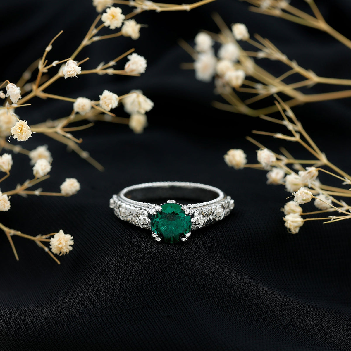 Lab Created Emerald Ring – 2 Carat Round Vintage Engagement With Diamond Accents