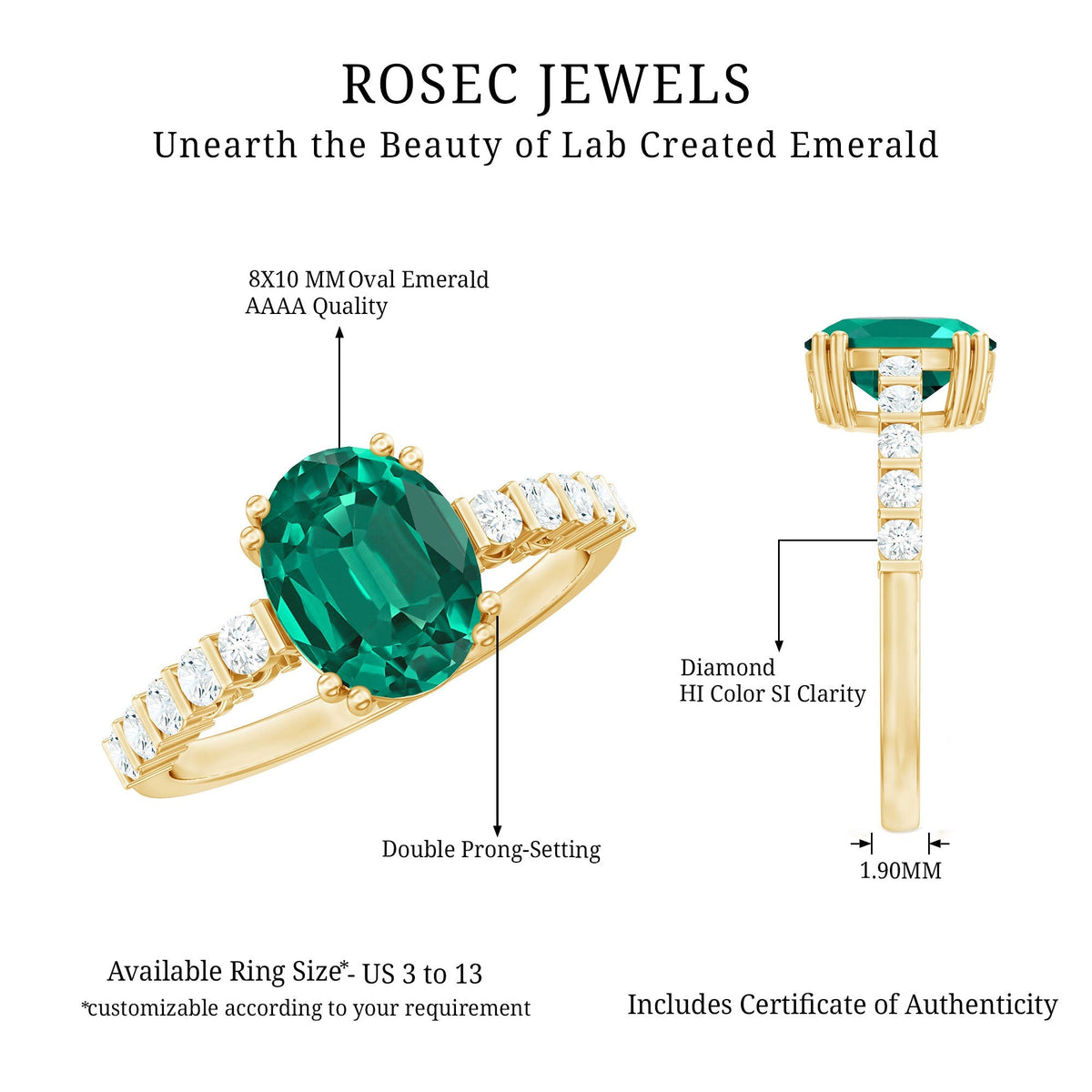 Lab Created Emerald Ring – 3 Carat Oval Cut Solitaire Emerald Diamond Ring