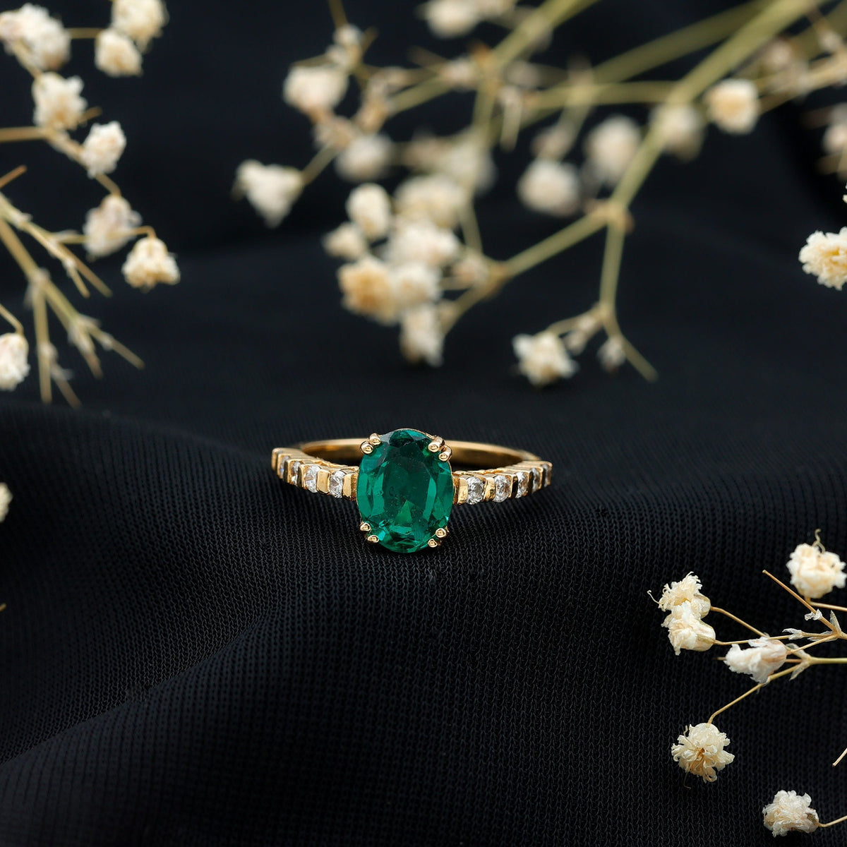Lab Created Emerald Ring – 3 Carat Oval Cut Solitaire Emerald Diamond Ring