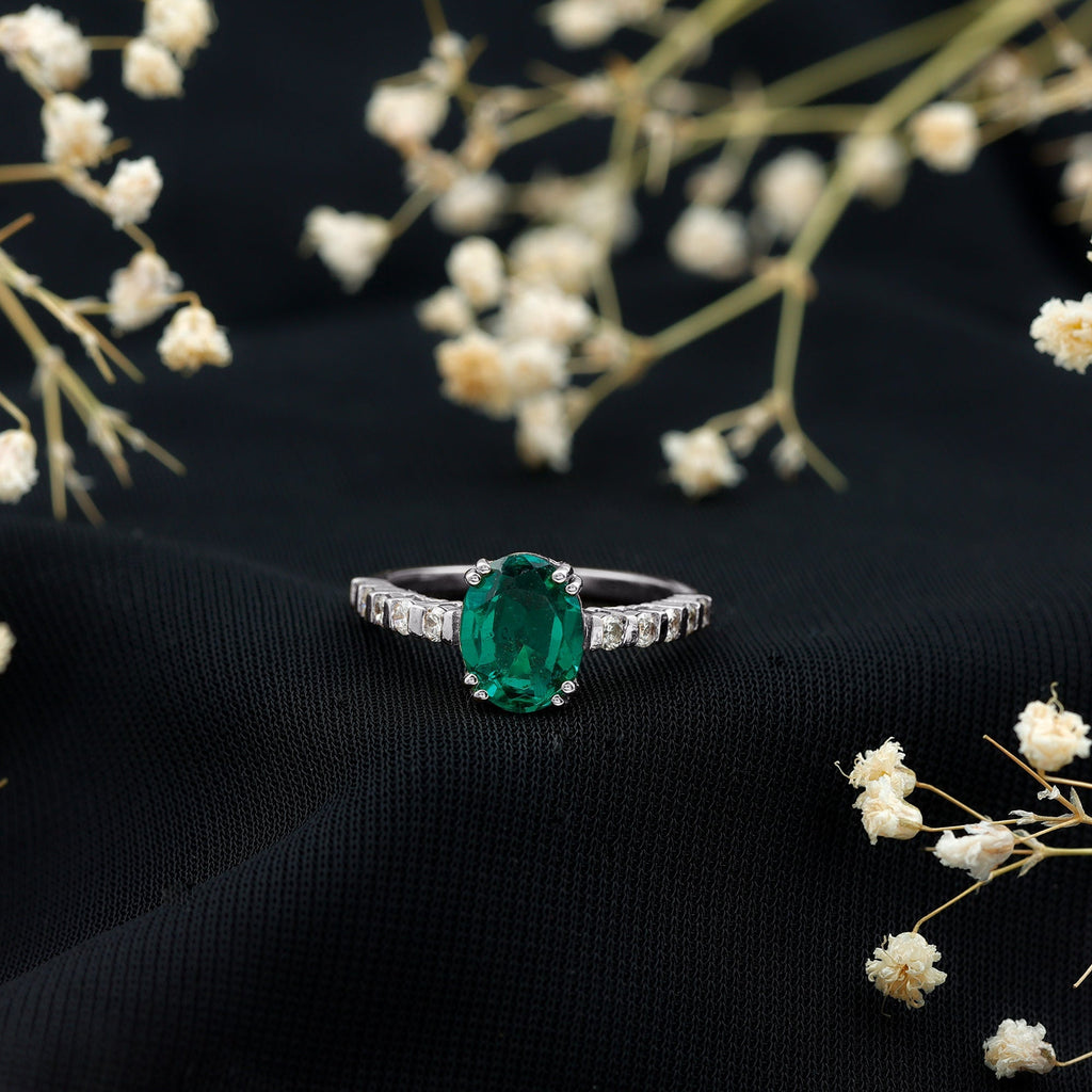 Lab Created Emerald Ring – 3 Carat Oval Cut Solitaire Emerald Diamond Ring