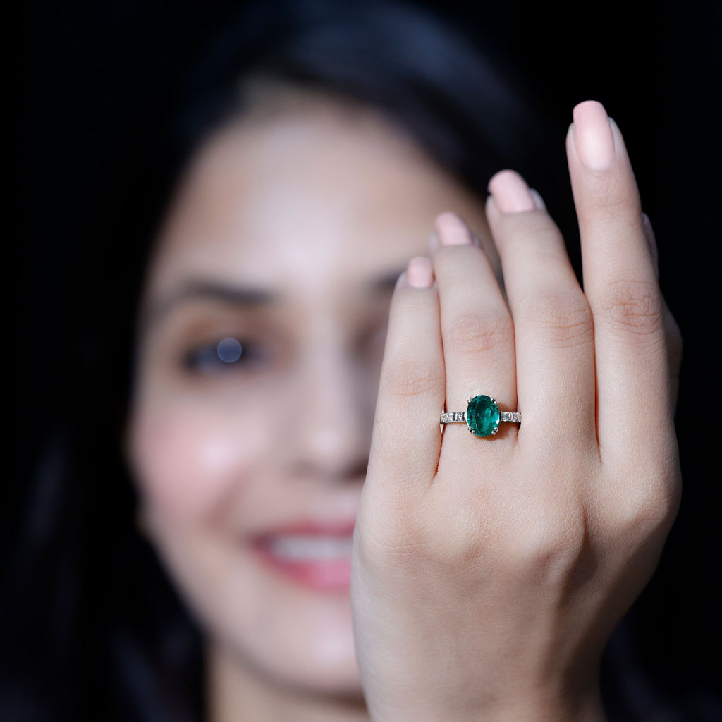 Lab Created Emerald Ring – 3 Carat Oval Cut Solitaire Emerald Diamond Ring