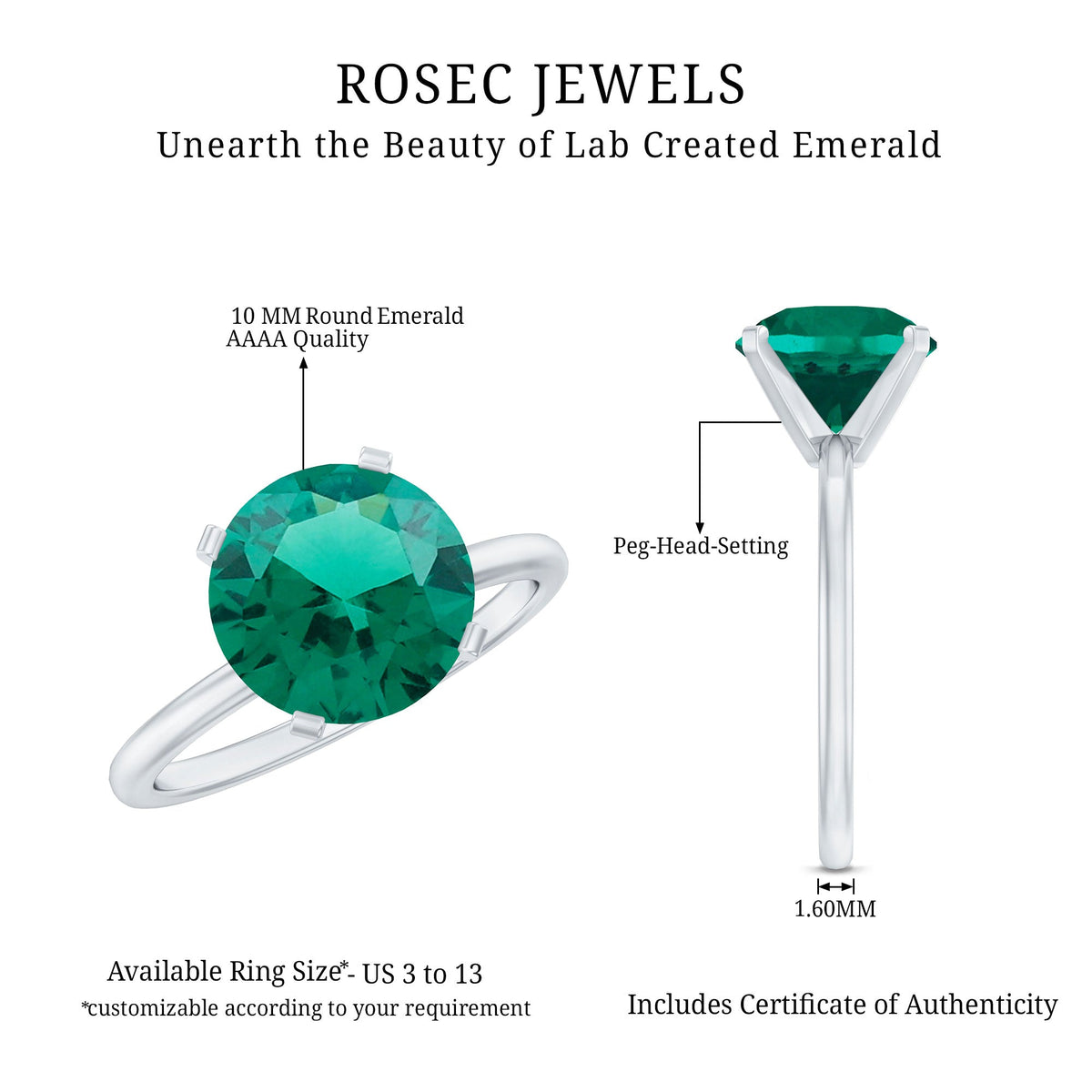 Lab Created Emerald Ring - 3.5 Carat Round Solitaire Engagement with Peg Head Setting